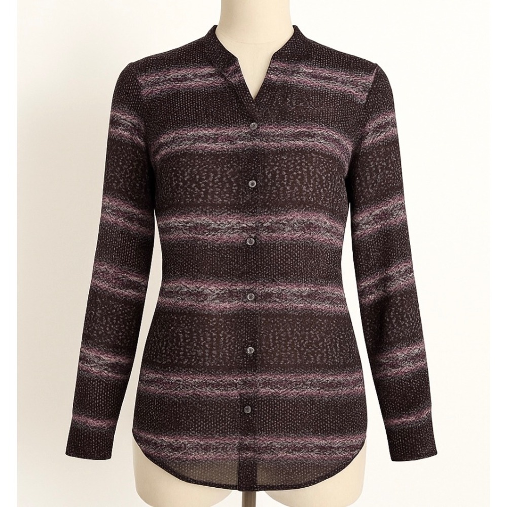 Cabi Paris Blouse Womens Small Black Purple Abstract‎ Button Front Sheer Top